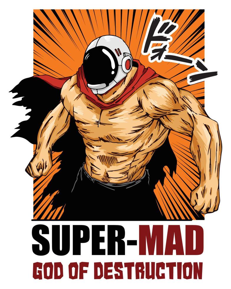 Vector illustration of mad and powerful super hero. Original character. Suitable for sticker, t shirt, etc