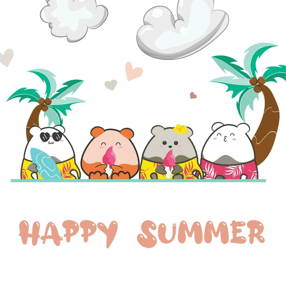 poster of cute doodle animals with palm tree and the words happy summer on it vector