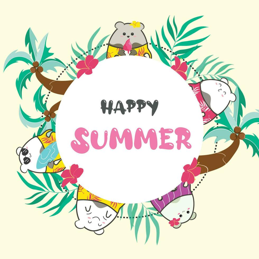 poster of cute doodle animals with palm tree and the words happy summer on it vector