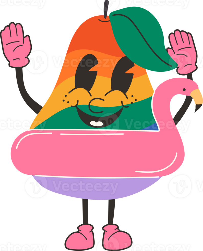 Cute happy funny rainbow pear with an inflatable circle 30s cartoon mascot character 40s, 50s, 60s old animation style. png