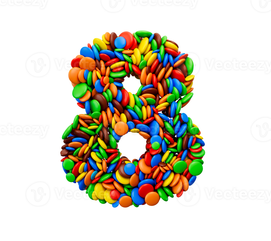 cijfer 8 van veelkleurig regenboog snoepjes feestelijk geïsoleerd acht brief 3d illustratie png