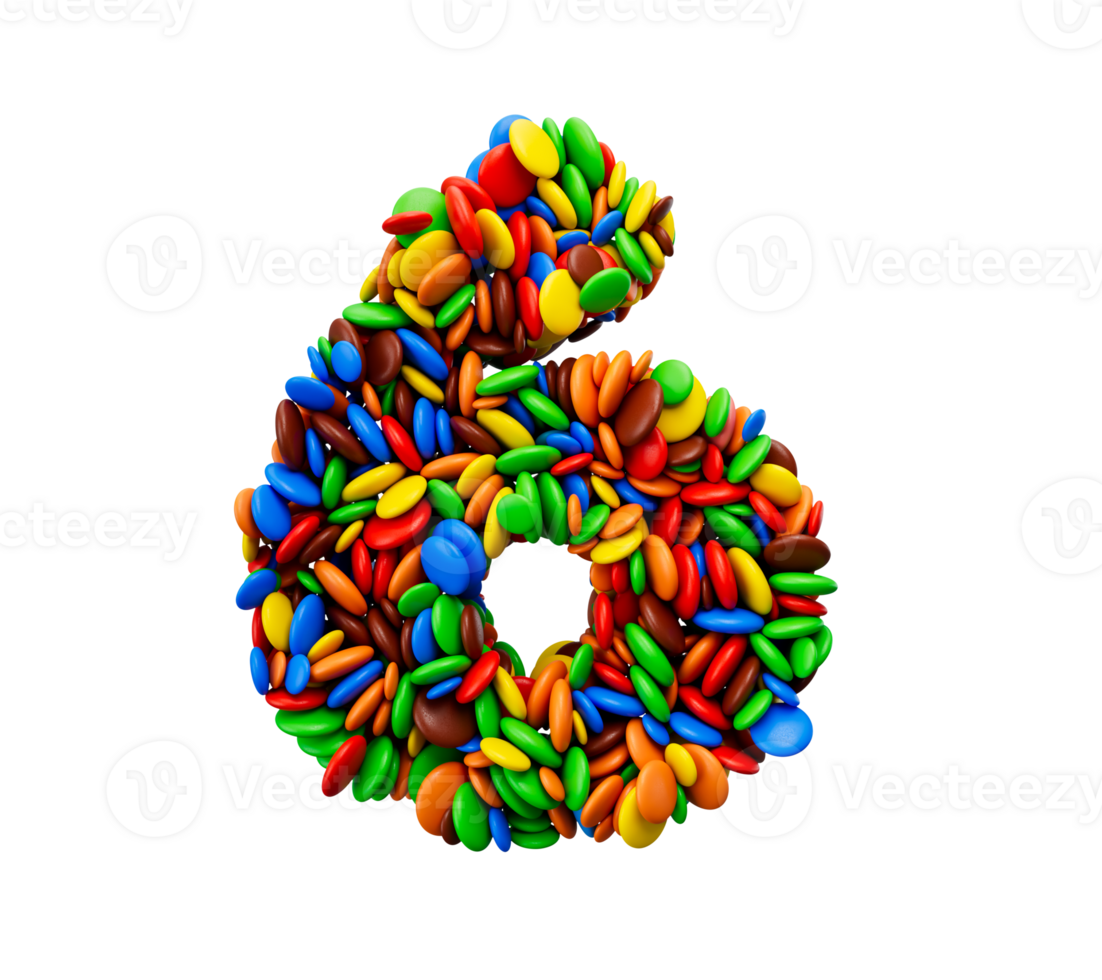 Digit 6 of multicolored rainbow candies Festive isolated Six Letter 3d illustration png