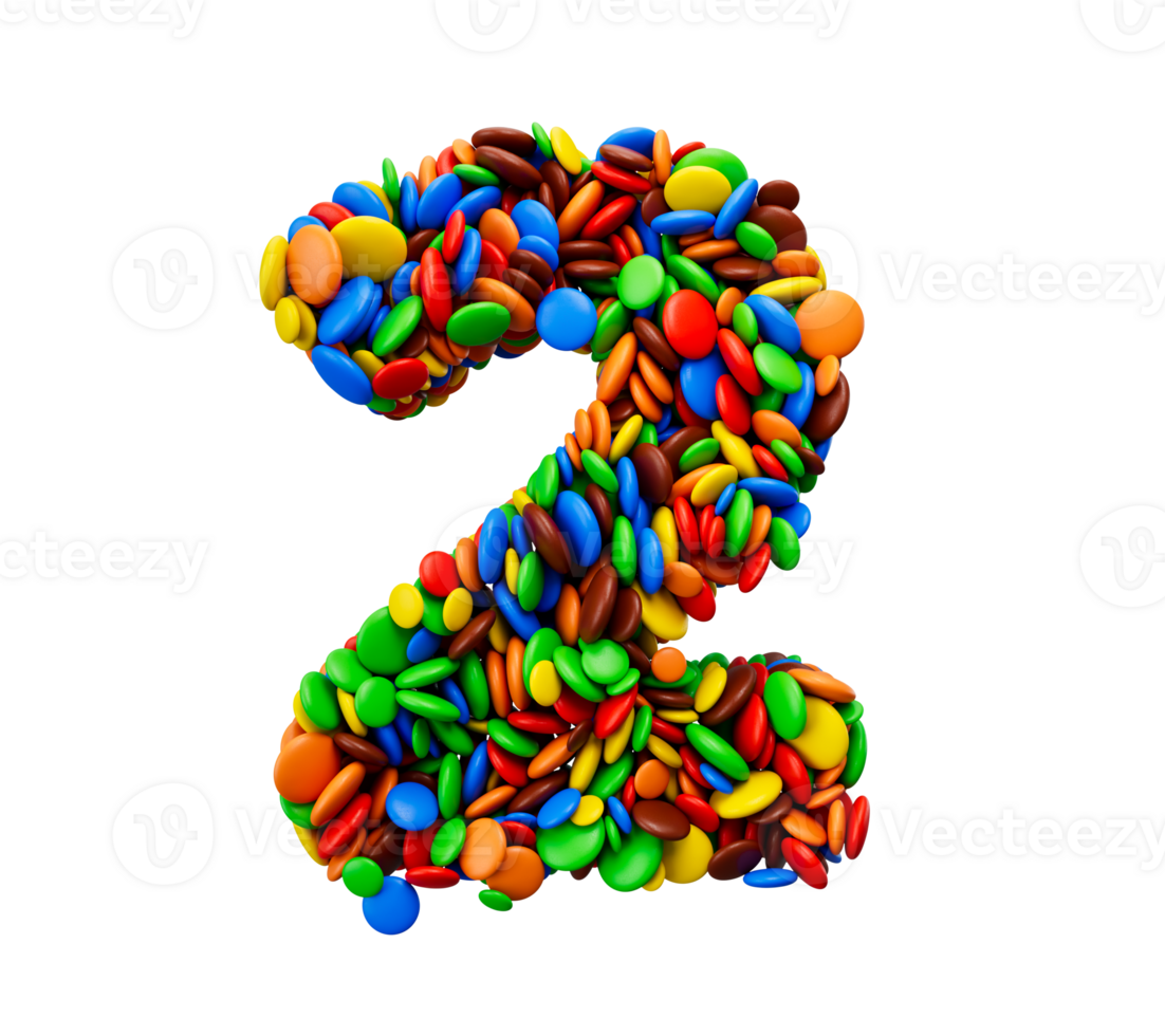 dígito 2 de multicolor arco iris golosinas festivo aislado , dos letra 3d ilustración png