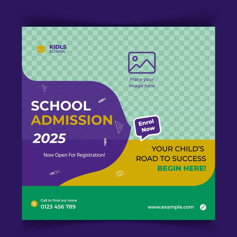 un verde y amarillo póster para colegio admisión diseño para tu escuela. foto colegio admisión y educación social medios de comunicación paquete modelo prima vector. vector