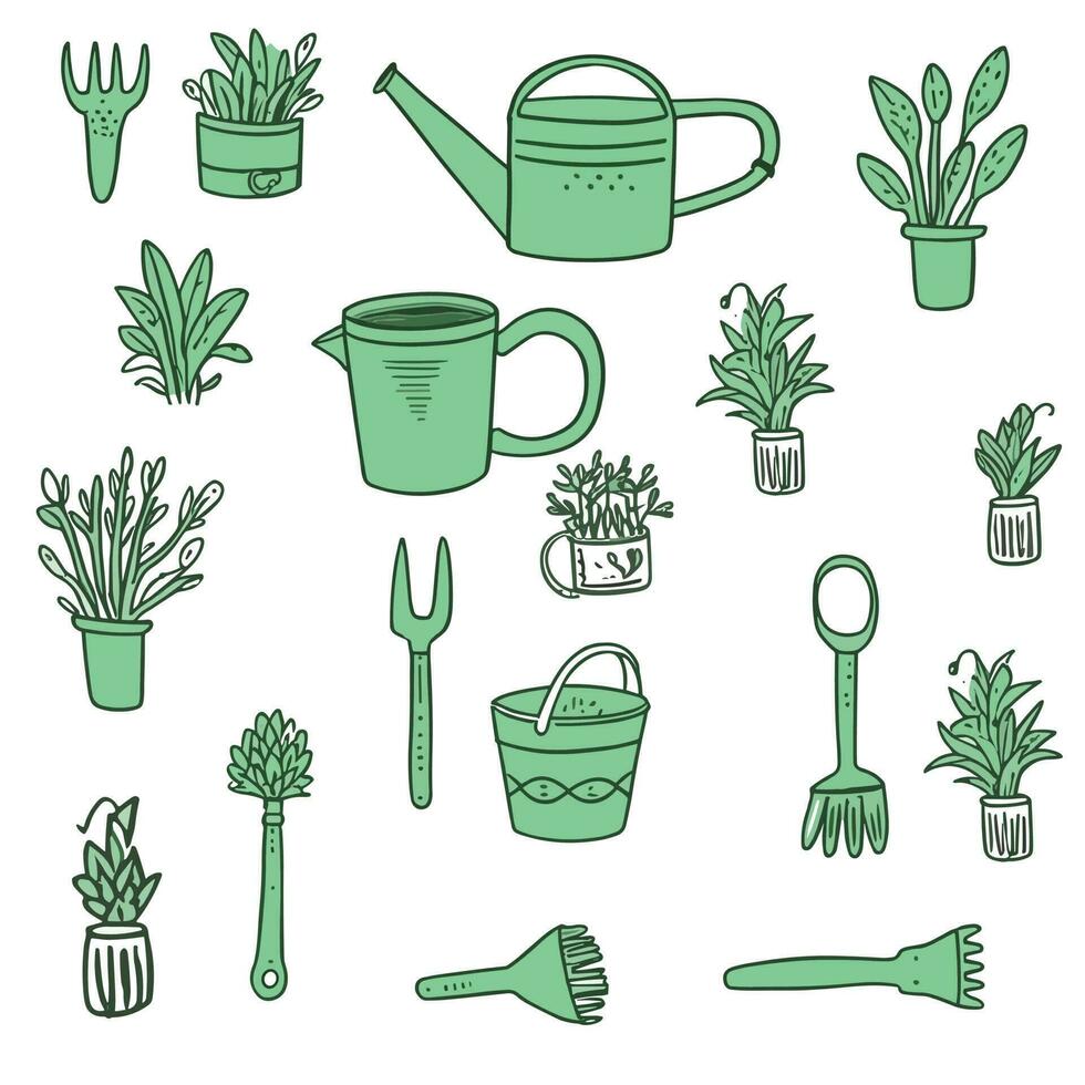 Hand drawn doodle set of gardening icons elements tools or equipments vector illustration set, green colour, white background