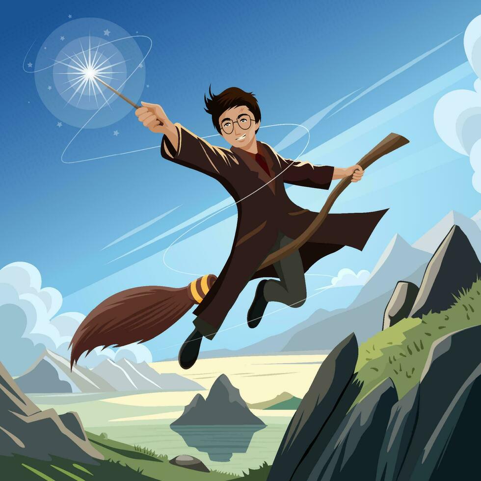 Wizard Boy Flying with Magical Broom and Shooting with Magic Wand vector