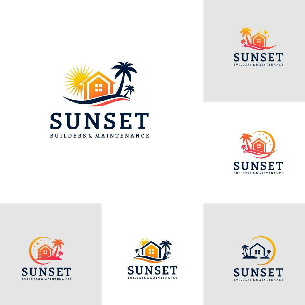 Set of House on the beach logo template, Creative House logo design vector, Sun logo concepts vector