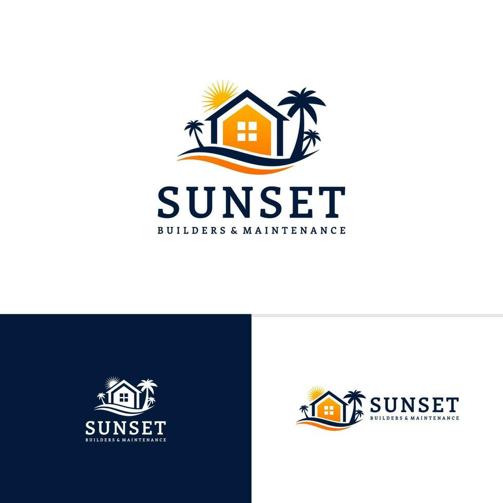 House on the beach logo template, Creative House logo design vector, Sun logo concepts vector