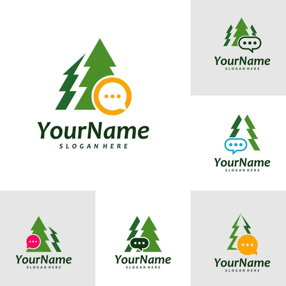 Set of Pine Tree with Chat logo vector template. Creative Pine Tree logo design concepts