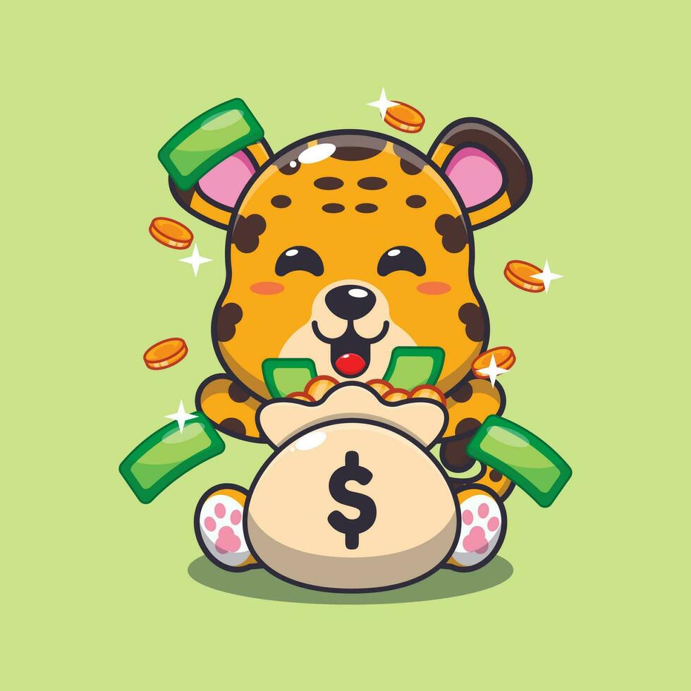 leopard with money bag cartoon vector illustration.