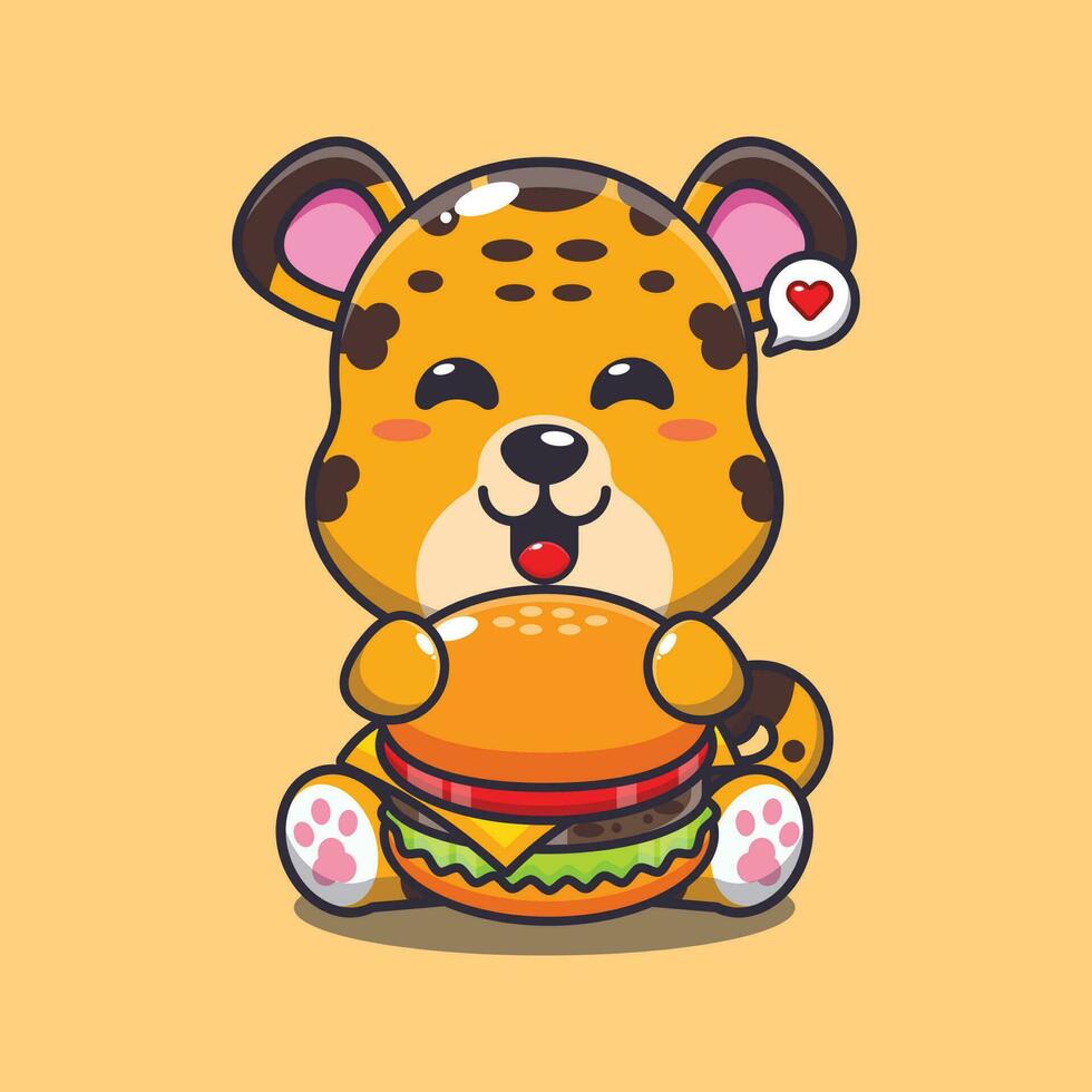 leopard with burger cartoon vector illustration.