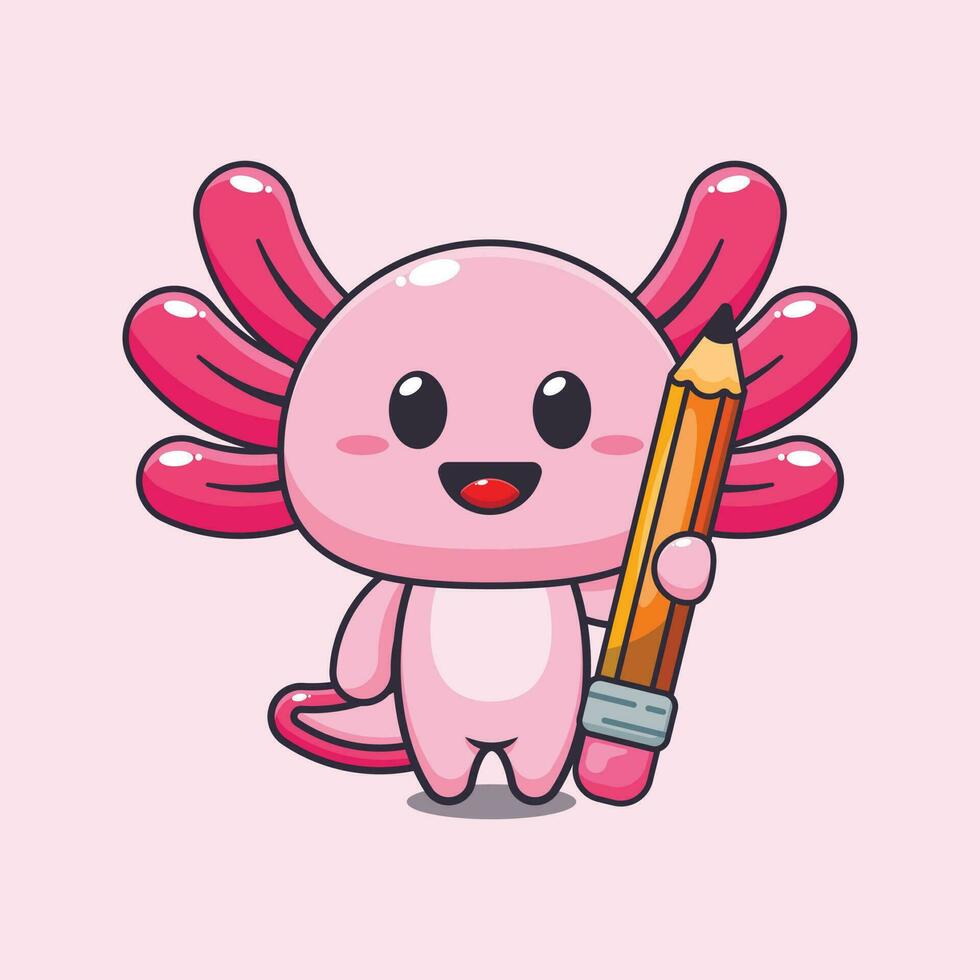 axolotl holding pencil cartoon vector illustration.