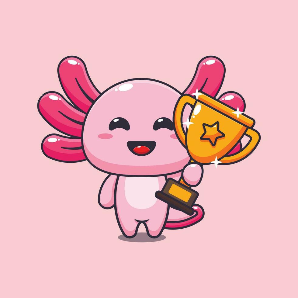 axolotl holding gold trophy cup cartoon vector illustration.