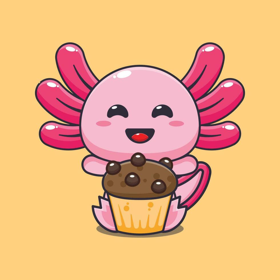 axolotl with cup cake cartoon vector illustration.