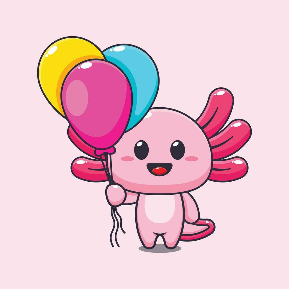 axolotl with balloon cartoon vector illustration.