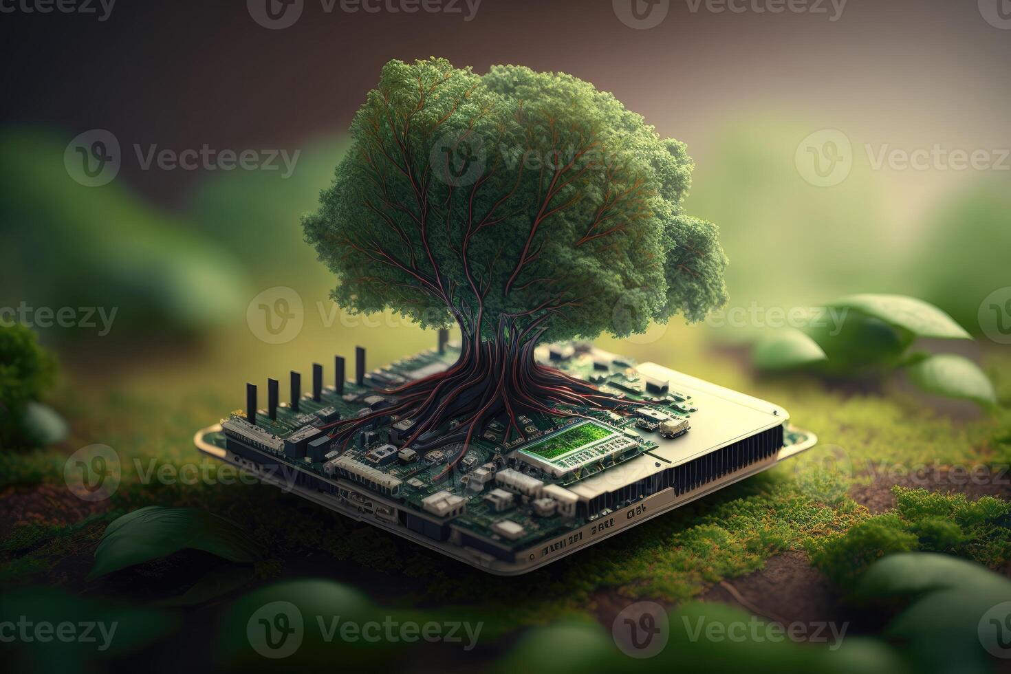 Tree on a computer chip in nature background. photo
