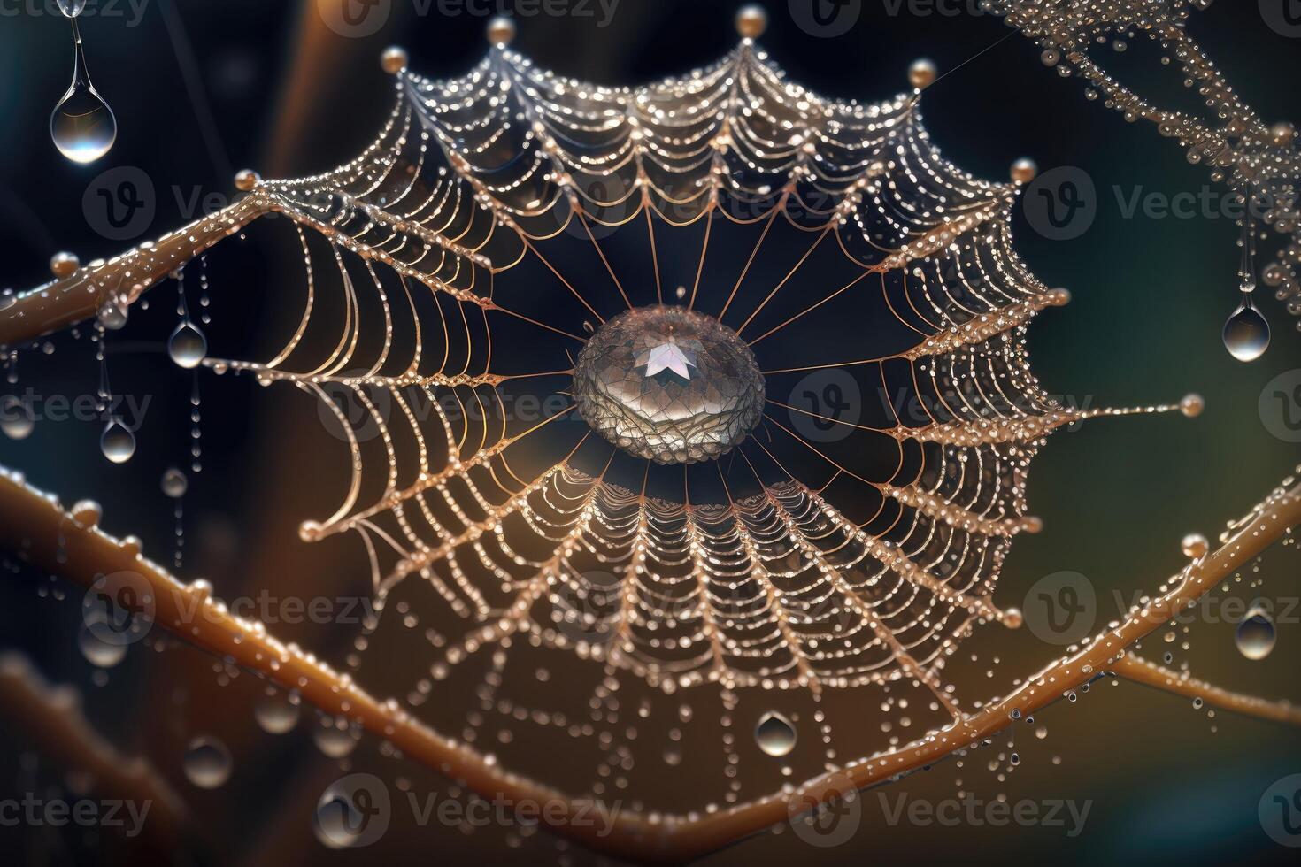 Spider web with dew drops. The delicate strands of a spider's web adorned with tiny droplets of dew make for a stunning macro image photo