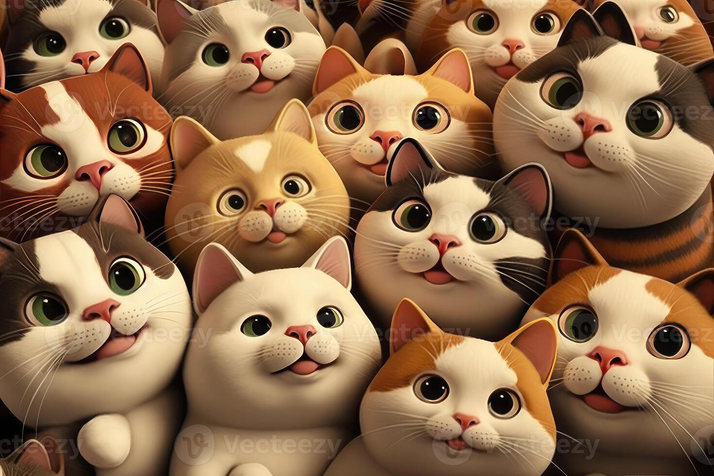 3D cute very many smiley cats. Full cats on background. photo