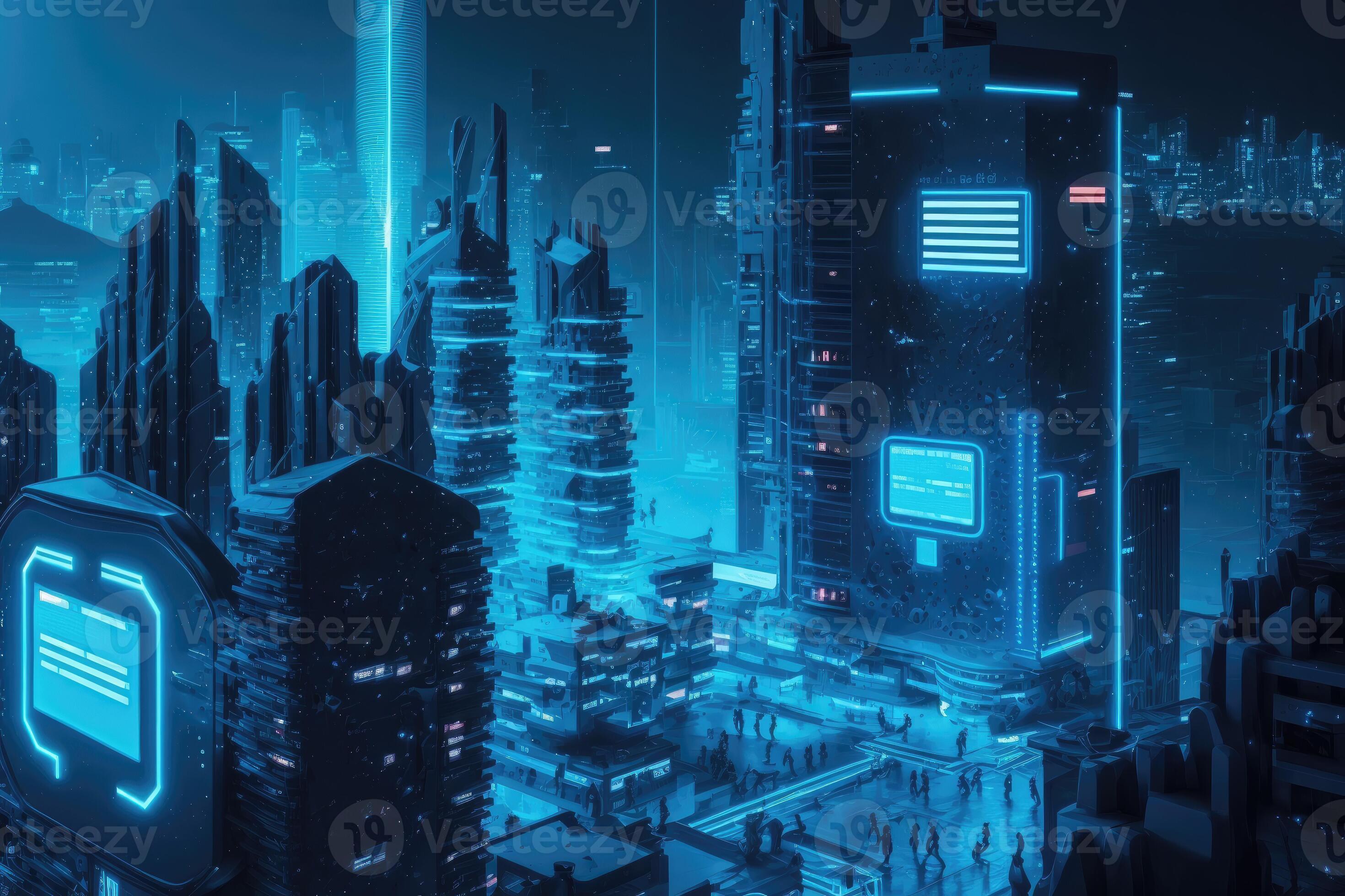 AI generated High technologies of the future cyber city background blue