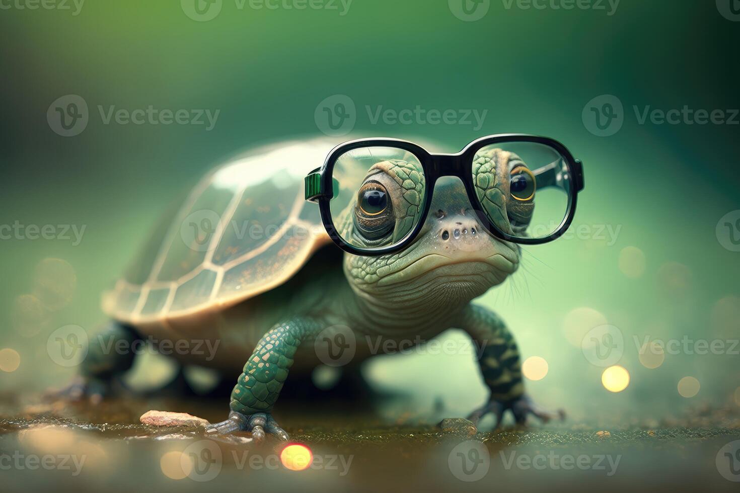 linda pequeño Tortuga usa lentes. ai generado foto