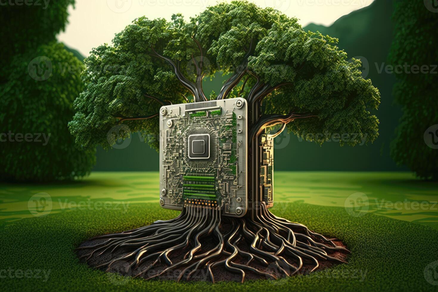 ai generado árbol en un computadora chip en naturaleza antecedentes. foto