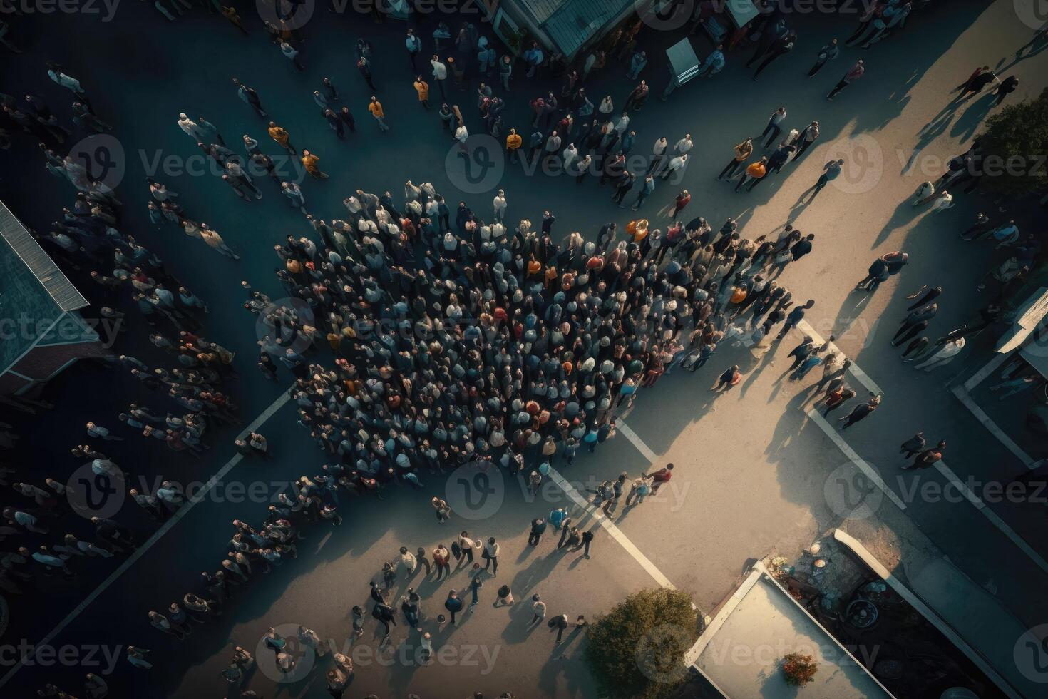 ai generado personas multitud reunión en el calle aéreo vista. foto