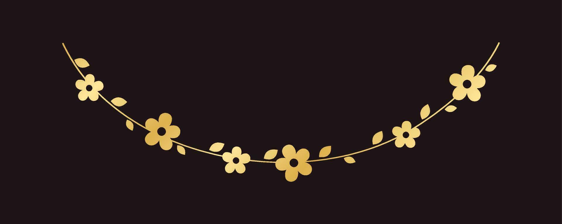 Golden hanging flower garland vector illustration. Simple gold floral botanical design elements for spring.