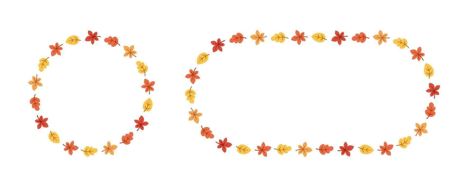 Autumn leaves round frame set. Wreath of fall elements, Halloween, Thanksgiving border template. Vector illustration.