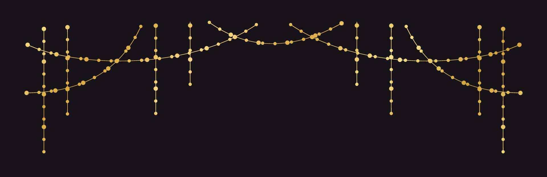 Vector horizontal border of abstract gold string light garlands. Festive decoration with shiny Christmas lights. Glowing bulbs of the different sizes.