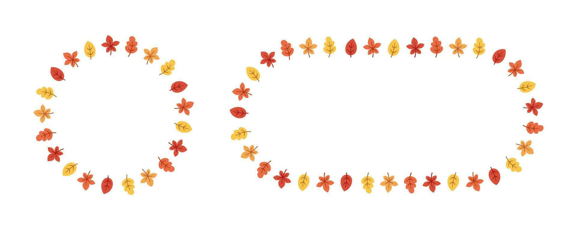 Autumn leaves round frame set. Wreath of fall elements, Halloween, Thanksgiving border template. Vector illustration.