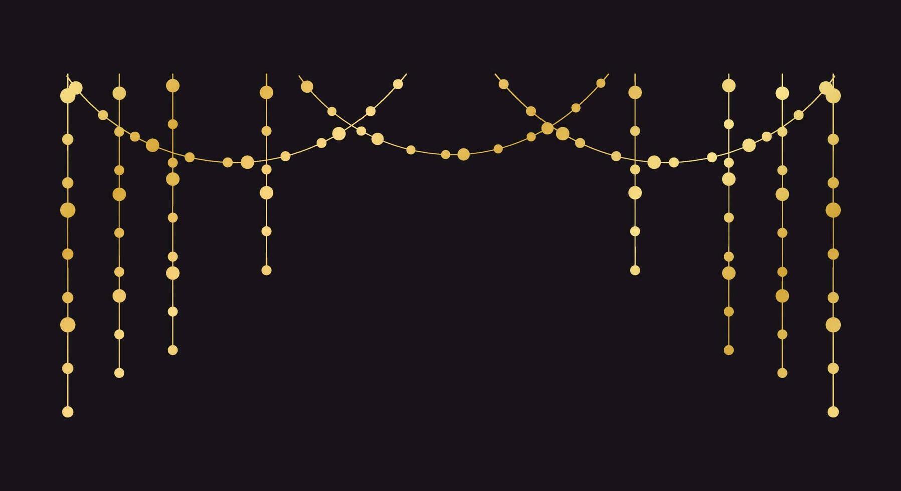 Vector horizontal border of abstract gold string light garlands. Festive decoration with shiny Christmas lights. Glowing bulbs of the different sizes.