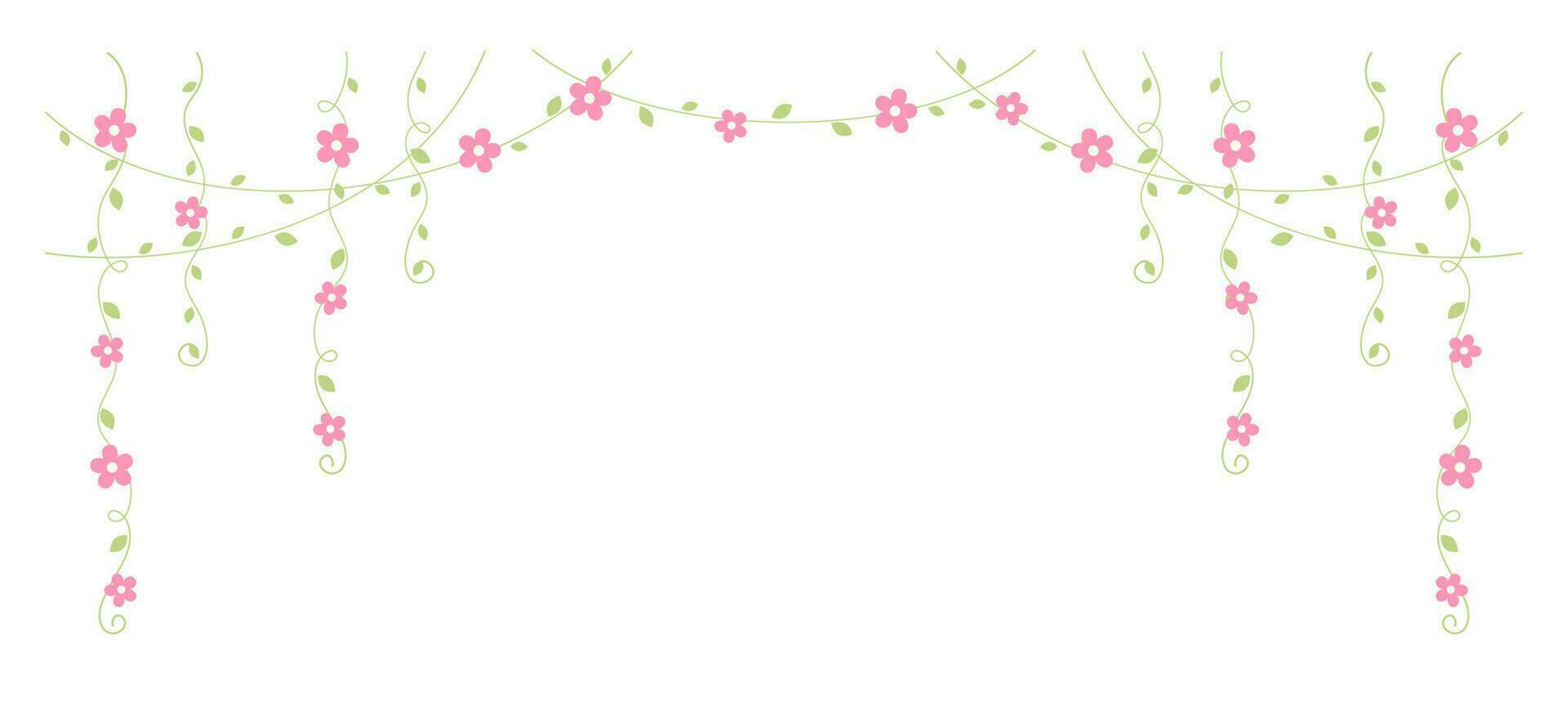 Hanging vines with pink flowers vector illustration. Simple minimal floral botanical vine curtain design elements for spring.