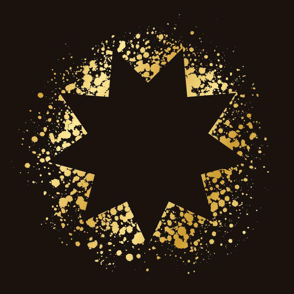 Abstract explosion shape gold ink splatter frame. Golden paint spray graffiti stencil border template. vector