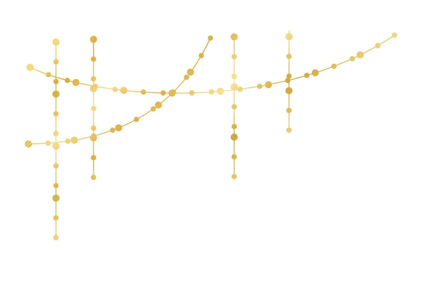 Vector horizontal border of abstract gold string light garlands. Festive decoration with shiny Christmas lights. Glowing bulbs of the different sizes.