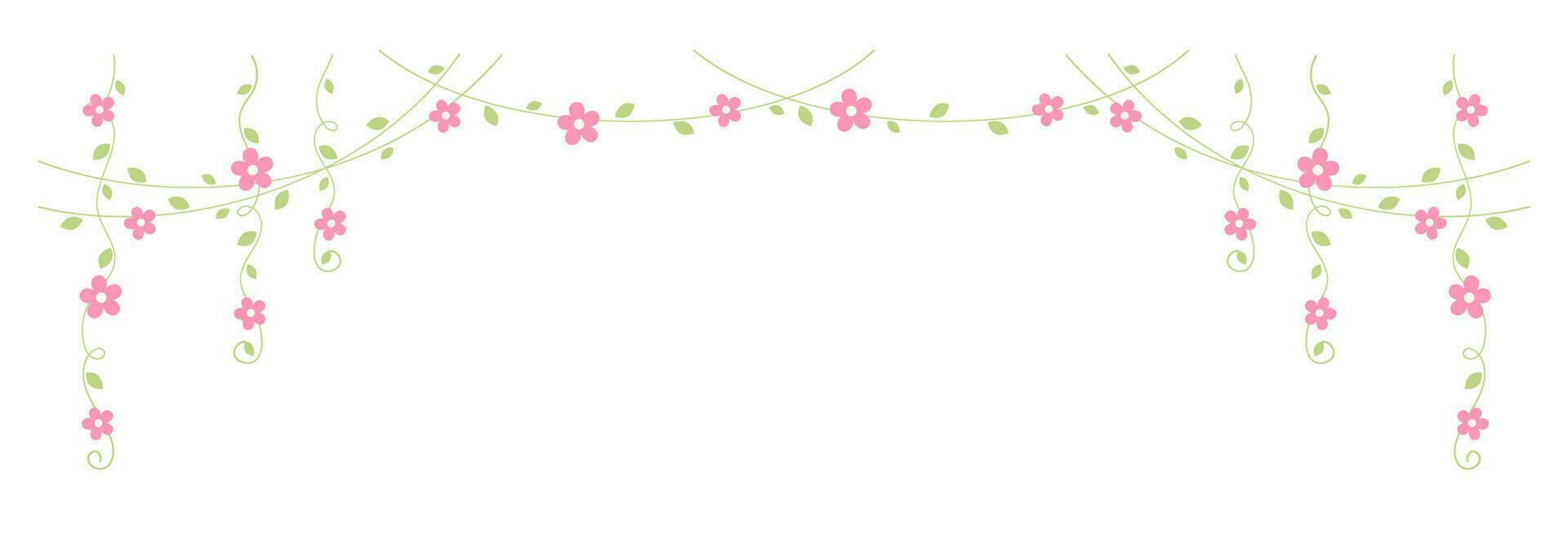 Hanging vines with pink flowers vector illustration. Simple minimal floral botanical vine curtain design elements for spring.