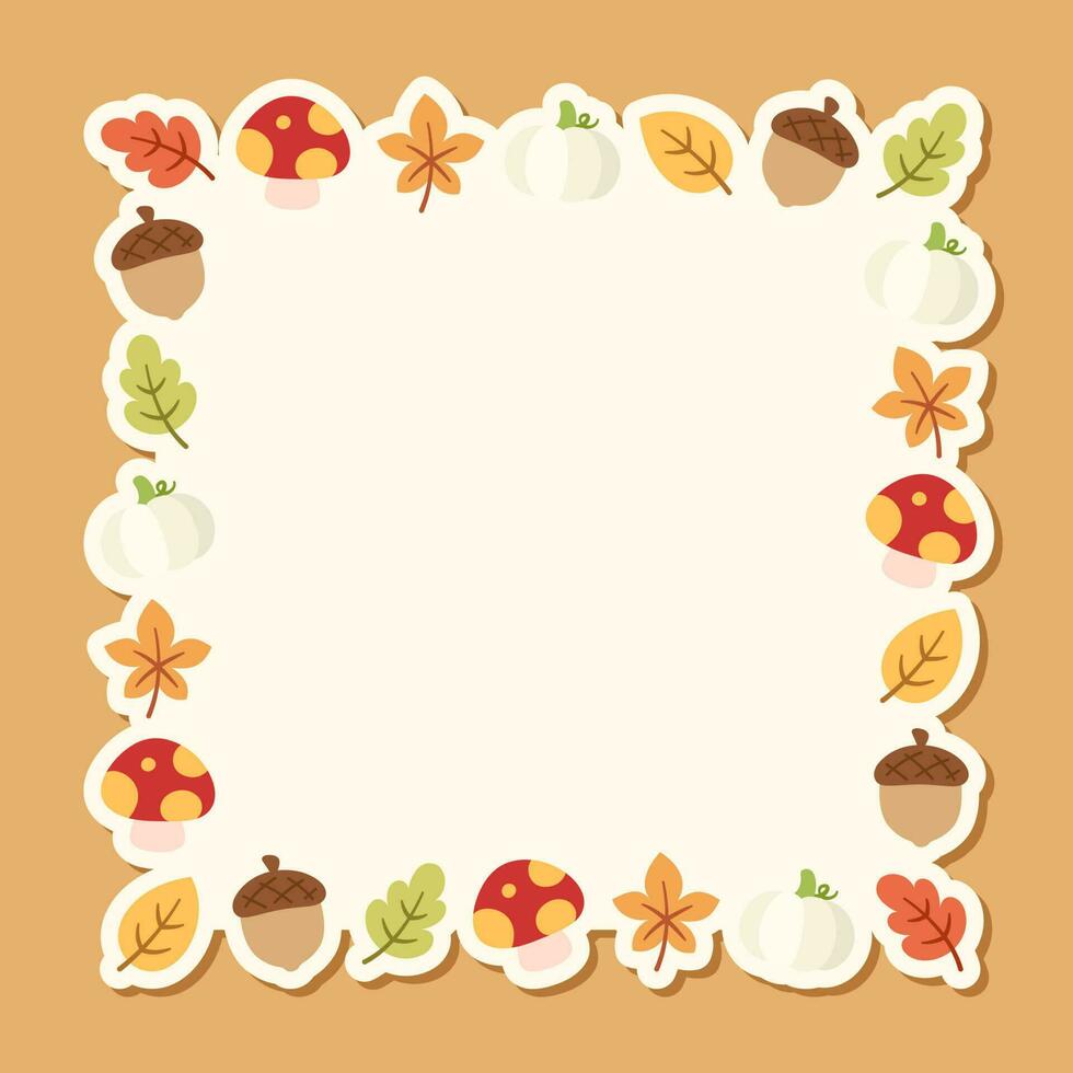 Autumn square frame with with leaves, pumpkins and acorns. Modern vector illustration. Halloween, Thanksgiving border template.