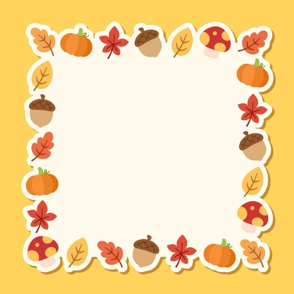 Autumn square frame with with leaves, pumpkins and acorns. Modern vector illustration. Halloween, Thanksgiving border template.