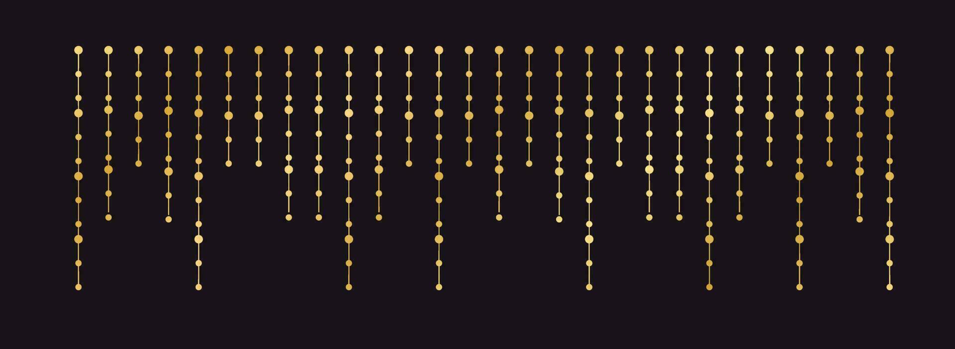 Vector horizontal border of abstract gold string light garlands. Festive decoration with shiny Christmas lights. Glowing bulbs of the different sizes.