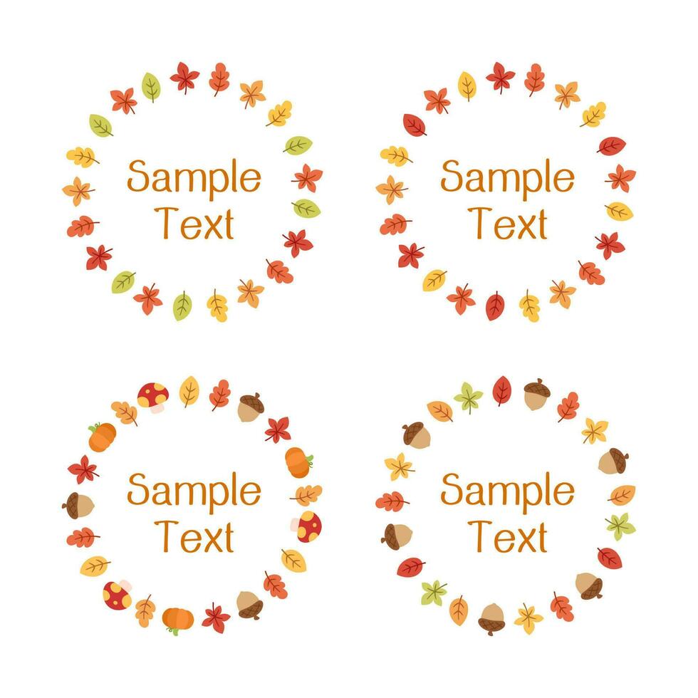 Autumn leaves round frame set. Wreath of fall elements, Halloween, Thanksgiving border template. Vector illustration.