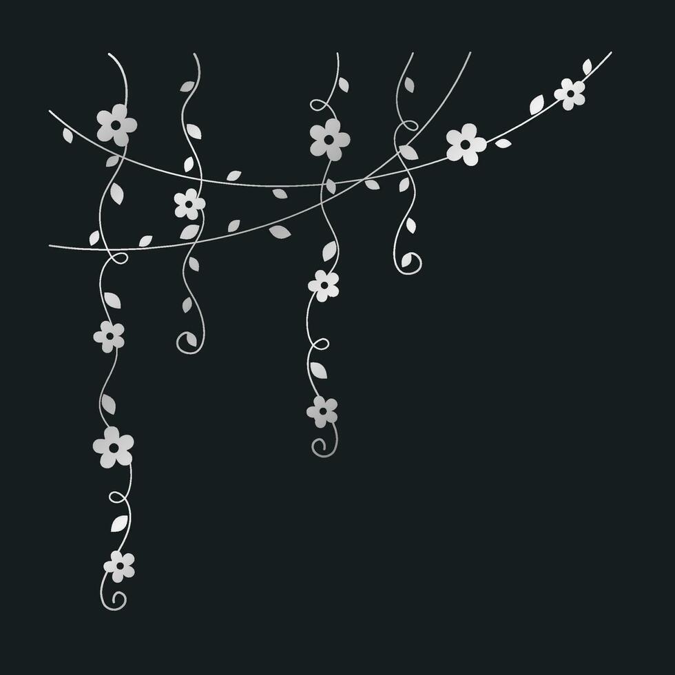 Silver vines with flowers vector illustration. Simple minimal golden floral botanical curtain design elements for spring.