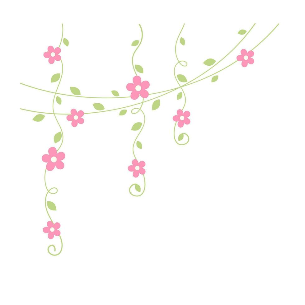 Hanging vines with pink flowers vector illustration. Simple minimal floral botanical vine curtain design elements for spring.