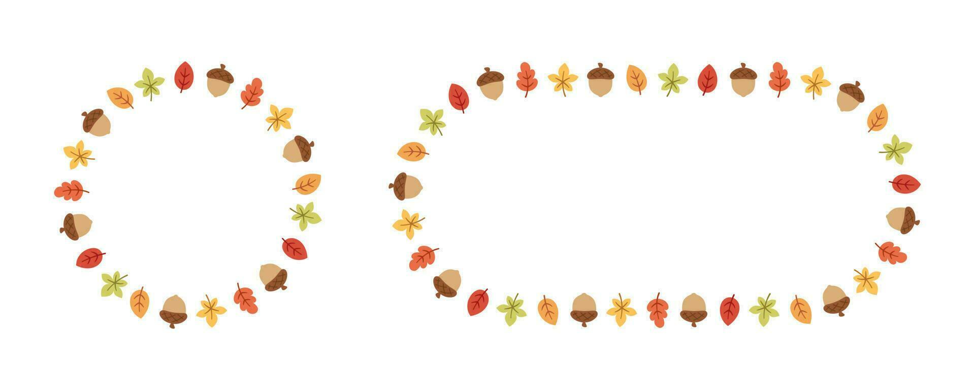 Autumn leaves round frame set. Wreath of fall elements, Halloween, Thanksgiving border template. Vector illustration.