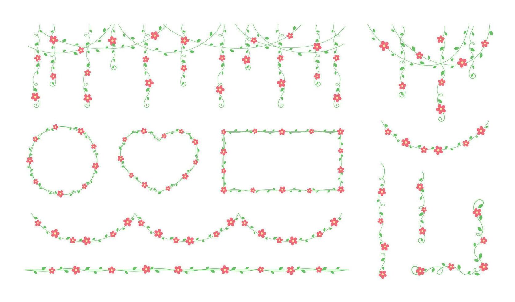 Vines with red flowers frames and borders, hanging vine curtain design, botanical elements vector illustration set