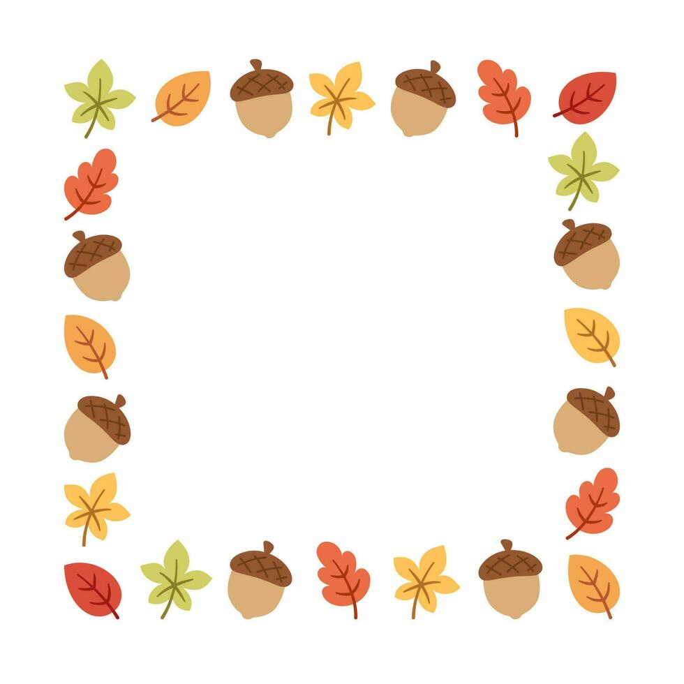 Autumn square frame with with leaves and acorns. Modern vector illustration. Halloween, Thanksgiving border template.