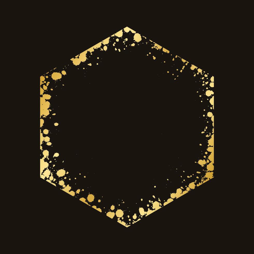 Abstract Hexagon Gold Ink Splatter Frame. Golden foil spray geometric border template. vector