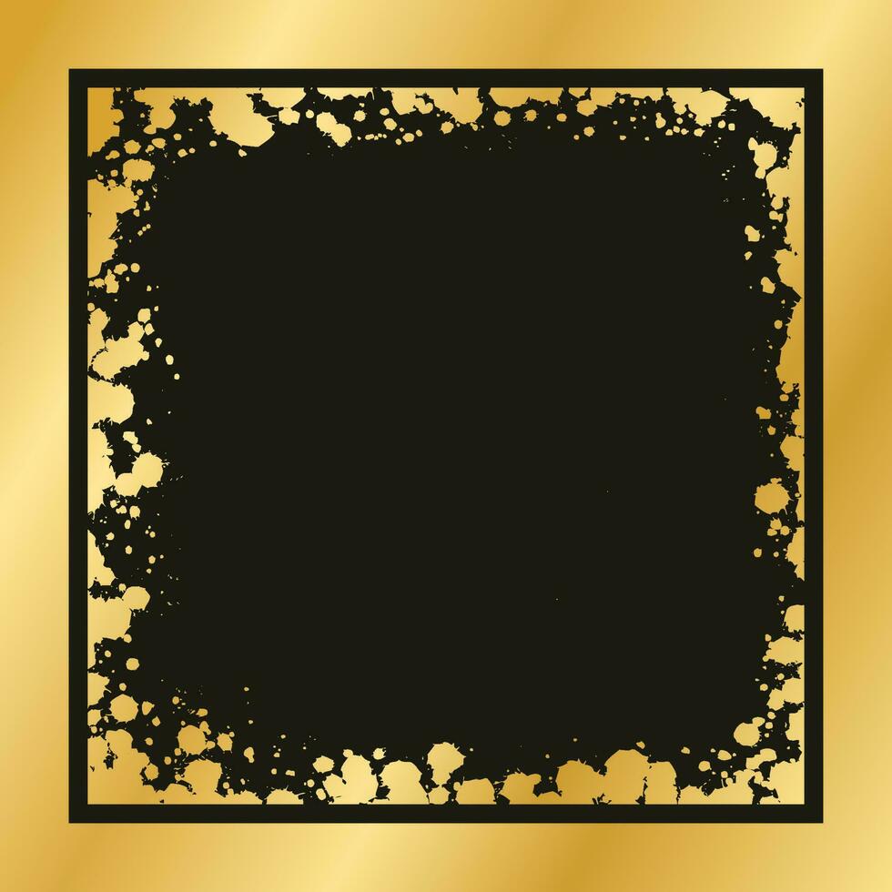 Abstract Square Gold Ink Splatter Frame. Golden foil spray border template. vector