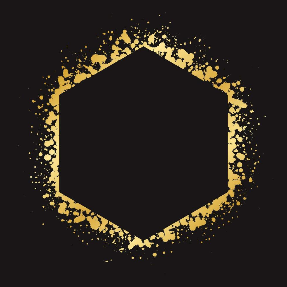 Abstract Hexagon Gold Ink Splatter Frame. Golden foil spray geometric border template. vector