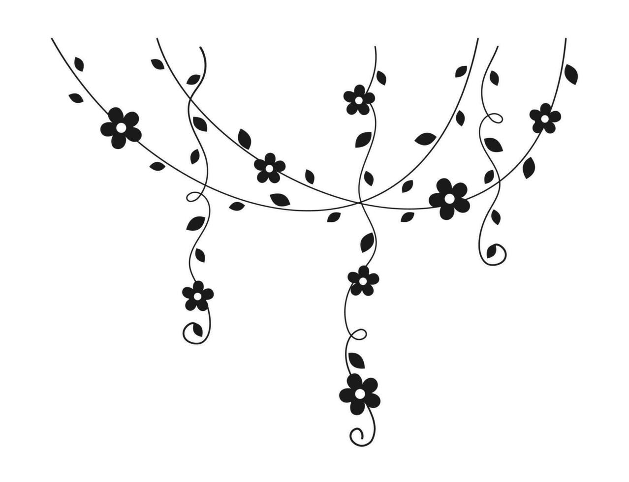 Hanging vines with flowers silhouette vector illustration. Simple minimal floral botanical vine curtain design elements for spring.