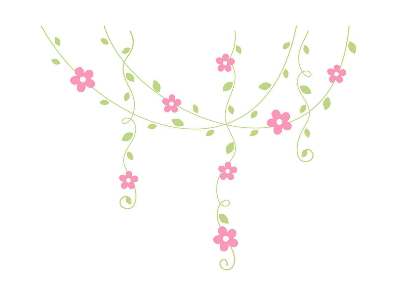 Hanging vines with pink flowers vector illustration. Simple minimal floral botanical vine curtain design elements for spring.