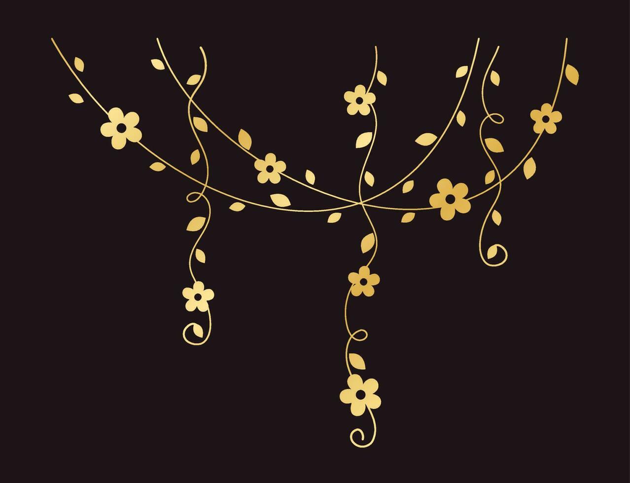 Gold vines with flowers vector illustration. Simple minimal golden floral botanical curtain design elements for spring.